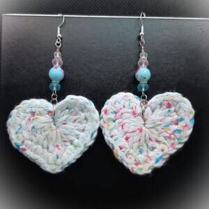 Handmade Crochet Heart Earrings White Pink Blue Confetti Dangle Statement NEW